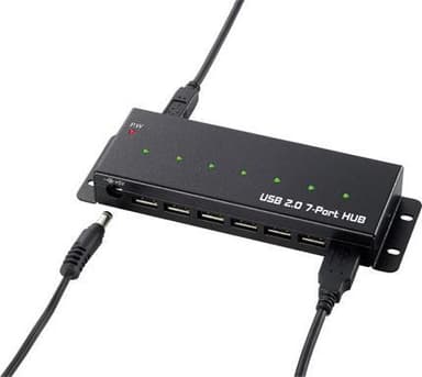 USB 2.0 hubi, 7x A naarasliitosta, virtasovitin, metallikuori, musta