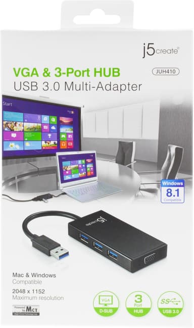 j5 create JUH410, USB 3.0 - VGA-sovitin, sis.rak 3-portinen hubi, m