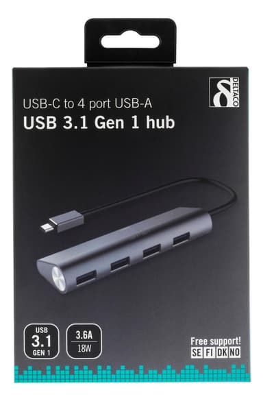 DELTACO 4-porttinen USB-hubi, Type C uros, 4xType A naaras, alumiinia
