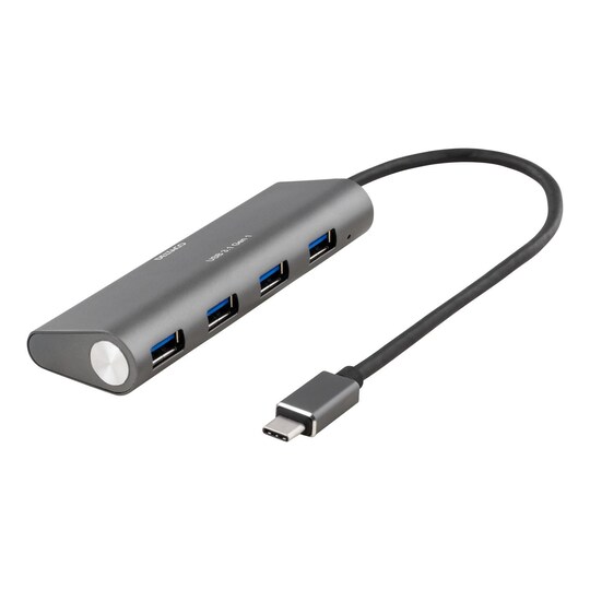 DELTACO 4-porttinen USB-hubi, Type C uros, 4xType A naaras, alumiinia