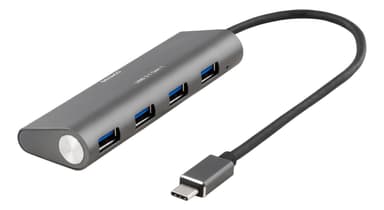 DELTACO 4-porttinen USB-hubi, Type C uros, 4xType A naaras, alumiinia