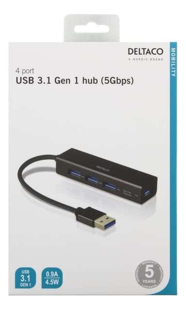 DELTACO USB-pienoishubi, 4 USB-A-porttia, USB 3.1 Gen 1, musta