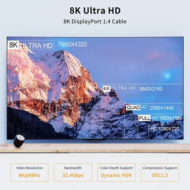 NÖRDIC 1 metrin kulmassa Displayport-Displayport-kaapeli ver 1.4 UHD 8K in 60Hz 32.4Gbps 10-bittinen HDR kaksoissuojattu