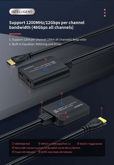 NÖRDIC HDMI 2.1 -kytkin 2 - 1 8K60Hz 4K120Hz 48Gbps HDR HDCP2.3 Surround 7.1 CEC