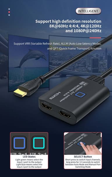 NÖRDIC HDMI 2.1 -kytkin 2 - 1 8K60Hz 4K120Hz 48Gbps HDR HDCP2.3 Surround 7.1 CEC