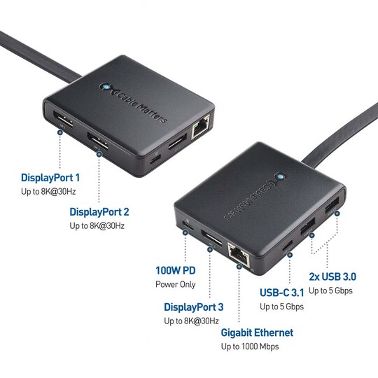 Cable Matters 1–8 USB-C-telakointiasema 3x näyttöportti USB-C PD100W RJ45 GigaLan 1xUSB-C + 2xUSB-A 5Gbps yhteensopiva Thunderbolt 3/4, USB4:n kanssa