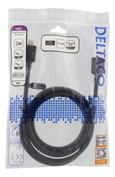 DELTACO High-Speed Premium HDMI -kaapeli, 2m, Ethernet, 4K UHD, musta