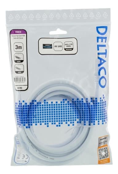 DELTACO High-Speed Premium HDMI -kaapeli, 3m, Ethernet, 4K UHD, valk.