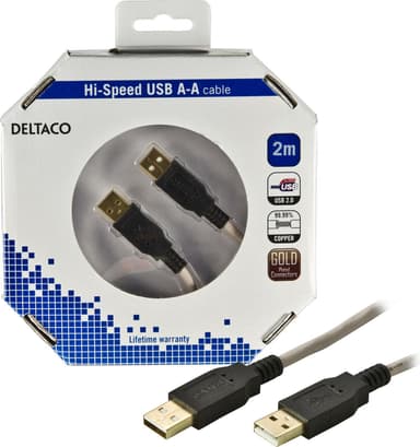 DELTACO USB 2.0 kaapeli Tyyppi A uros - Tyyppi A uros, 2m, beige/musta