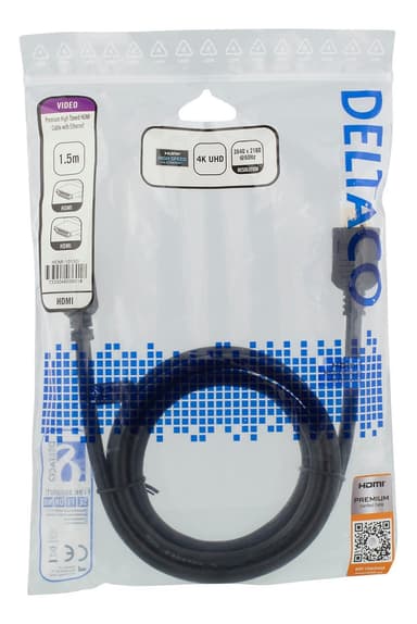 DELTACO High-Speed Premium HDMI-kaapeli, 1,5m, Ethernet, 4K UHD, musta