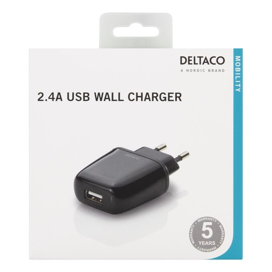 DELTACO -verkkolaite USB -portilla, 1xTyp A -liitäntä, 230V - 5V, 2.4A, vastaus