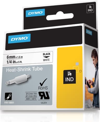 DYMO RhinoPRO näkyvä kutisteputki 6 mm, musta valkoisella, 1,5 m rulla