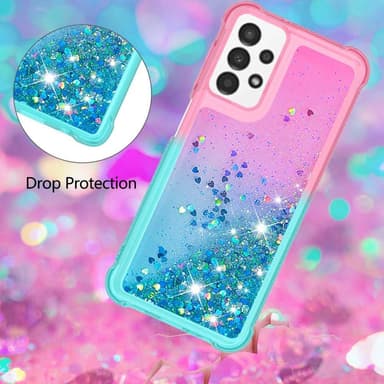 SKALO Samsung A13 4G Juoksuhiekka Glitter Sydämet TPU kuori - Pinkki-Turkoosi