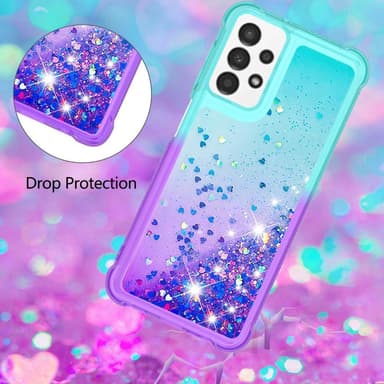 SKALO Samsung A13 4G Juoksuhiekka Glitter Sydämet TPU kuori - Turkoosi-Violetti