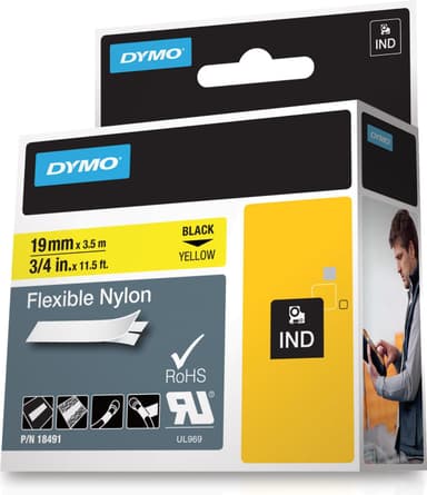 DYMO RhinoPRO tarranauha joustava nailon 19mm, musta keltaisella