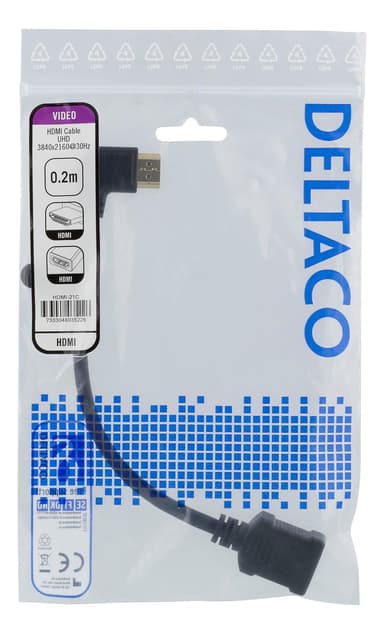 DELTACO HDMI-sovitin, 0,2m, taipuisa, lovitettu vasemmalta, UHD, musta