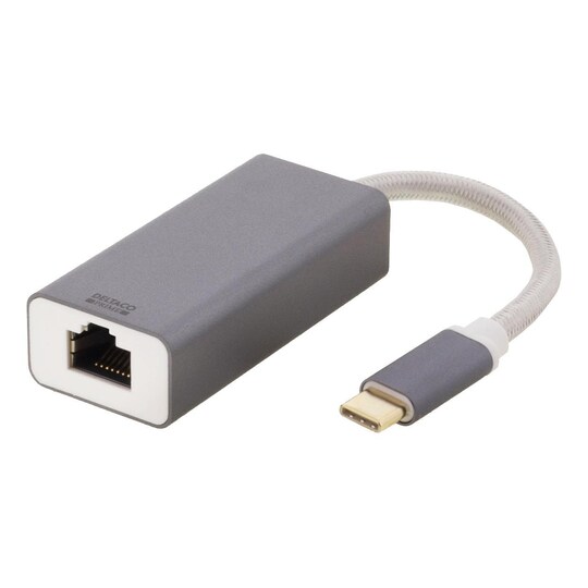 DELTACO USB-C-verkkosovitin, Gigabit, 1xRJ45, 1xUSB-C uros, harmaa