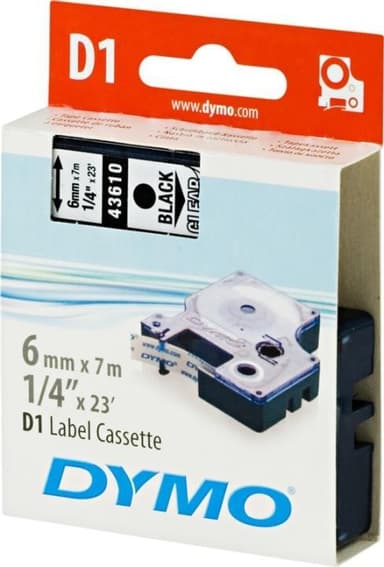 DYMO D1 merkkausteippi, 6mm, läpinäkyvä/musta teksti, 7m - 43610