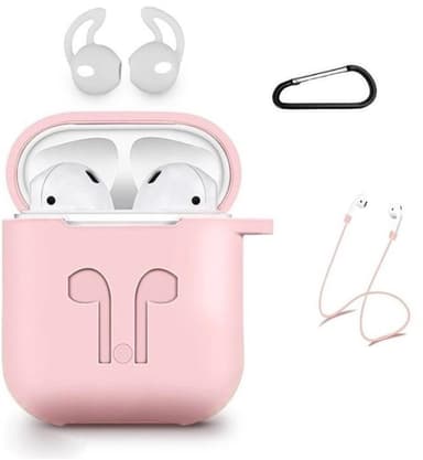 Silikonisetti AirPodseille, Silikonikotelo, Strap, Silikoninapit, Karabiinilukko, Pinkki