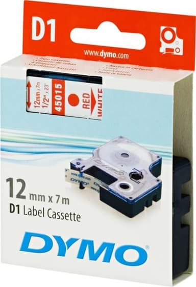 DYMO D1 merkkausteippi, 12mm, valkoinen/punainen teksti, 7m - 45015