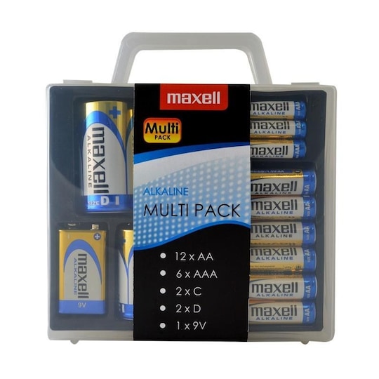Maxell Alkaline Battery Multi-Pack, AA/AAA/C/D/9V, protective tray, bl