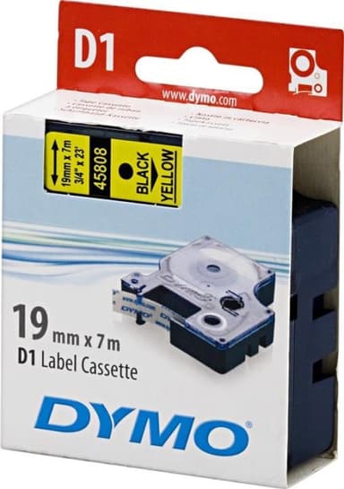 DYMO D1 merkkausteippi 19 mm, keltainen/musta teksti, 7 m