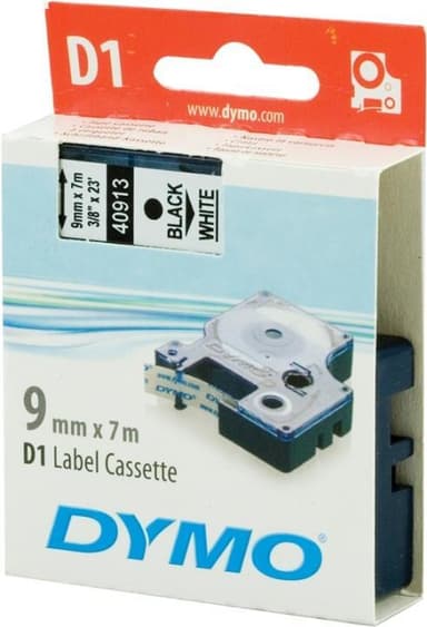 DYMO D1 merkkausteippi, 9mm, valkoinen/musta teksti, 7m