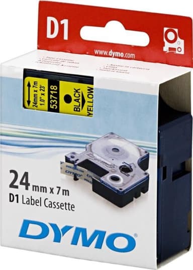 DYMO D1 merkkausteippi 24mm, nylon, keltainen/musta teksti, 7m