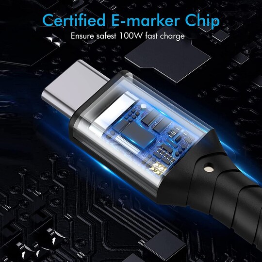 NÖRDIC 3m USB3.2 Gen2 USB-C-C nylon punottu kaapeli pikalataus Power Delivery PD100W 10Gbps 5A ja Emarker black