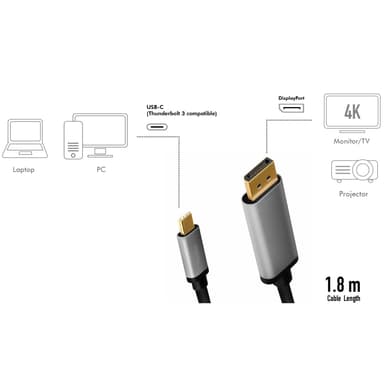 USB-C -> DisplayPort 4K/60Hz Alumiini 1,8m