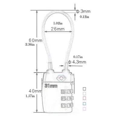 TSA matkatavaroiden lukko 3 numeroa 87x33 mm Hopea