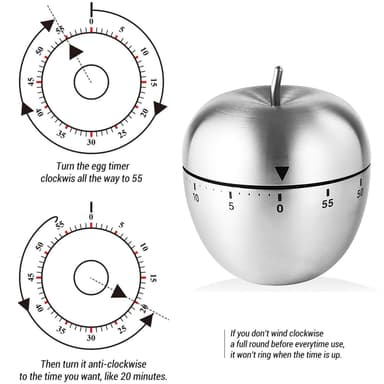 Mekaaninen keittiökello / munaajastin Apple ruostumaton teräs Hopea