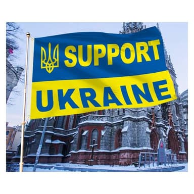 Ukrainan lippu, jossa on vaakuna ja teksti "Support Ukraine" 88 × 152 cm polyesteri