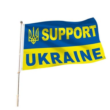 Ukrainan lippu, jossa on vaakuna ja teksti "Support Ukraine" 88 × 152 cm polyesteri