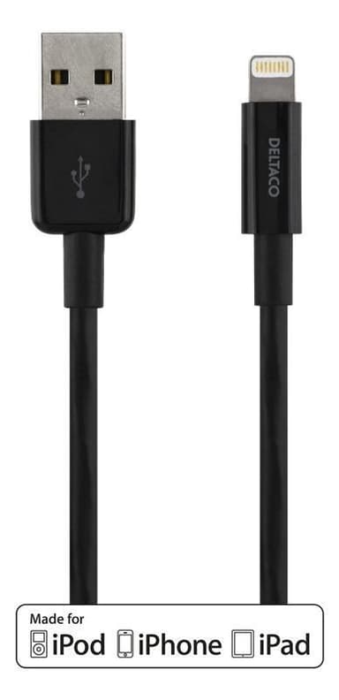DELTACO USB-synk/latauskaapeli, iPad, iPhone ja iPod, MFi, 3m, musta