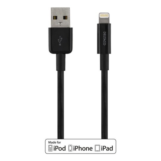 DELTACO USB-synk/latauskaapeli, iPad, iPhone ja iPod, MFi, 3m, musta