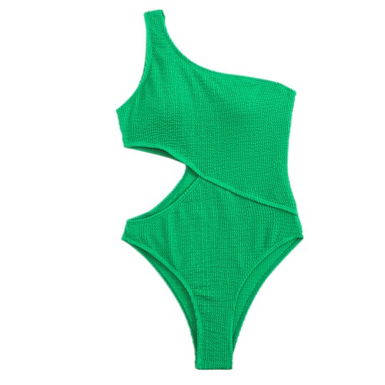 Yksiosainen uimapuku naisille Seksikäs pääntie Uimapuku olkapäällä Bikinit Tummanvihreä S