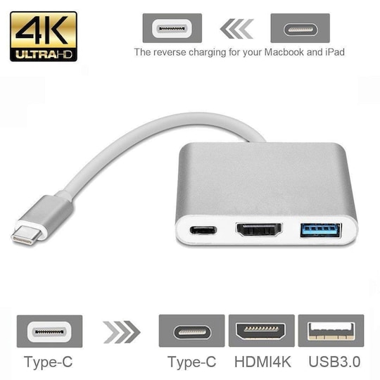 USB-C-moniporttisovitin USB: lle, USB-C (USB PD), 4K HDMI -yhteensopiva hopea