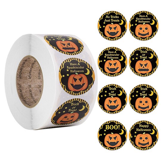Pyöreät tarrat kurpitsa- ja Halloween-designilla 500 kpl Monivärinen