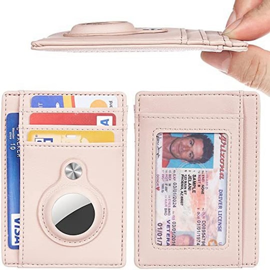 Korttiteline, jossa RFID-signaalin esto ja Airtag-pidike vaaleanpunainen