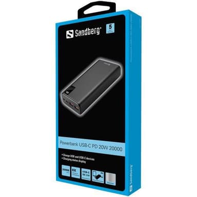 20 000 mAh PD 20 W PowerBank USB-C, musta