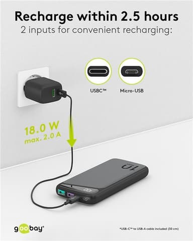 Goobay Pikalataus Powerbank 10 000 mAh (USB-C™ PD, QC 3.0)