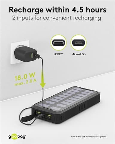 Goobay Pikalataus ulkona Virtapankki aurinkokennoilla 20 000 mAh (USB-C™ PD, QC 3.0)