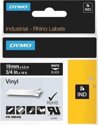 DYMO RhinoPRO 19mm vinyyli, valkoinen mustalla, 5.5m rulla