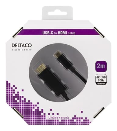 DELTACO USB-C - HDMI-kaapeli, 2m, 4K, HDCP 2,2, 3D, musta