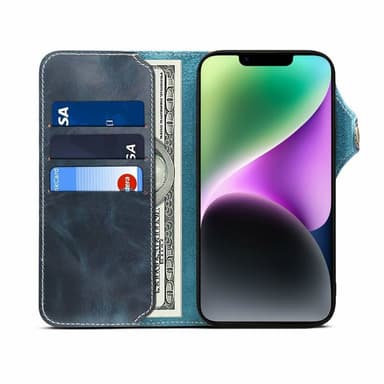 Lompakkokotelo 3-kortti aitoa nahkaa Apple iPhone 14 - Sininen