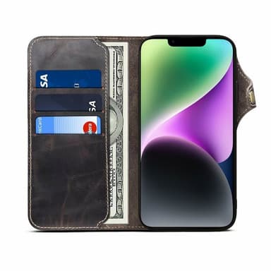 Lompakkokotelo 3-kortti aitoa nahkaa Apple iPhone 14 - Musta
