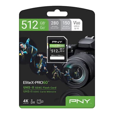 PNY 512GB EliteX-PRO60 Class 10 U3 V60 UHS-II SD Flash Memory Cards