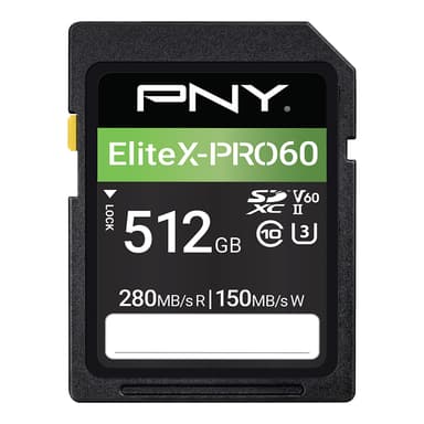 PNY 512GB EliteX-PRO60 Class 10 U3 V60 UHS-II SD Flash Memory Cards