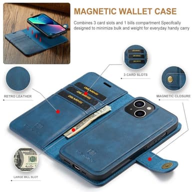 DG MING iPhone 14 2-in-1 magneetti lompakkokotelo - Sininen
